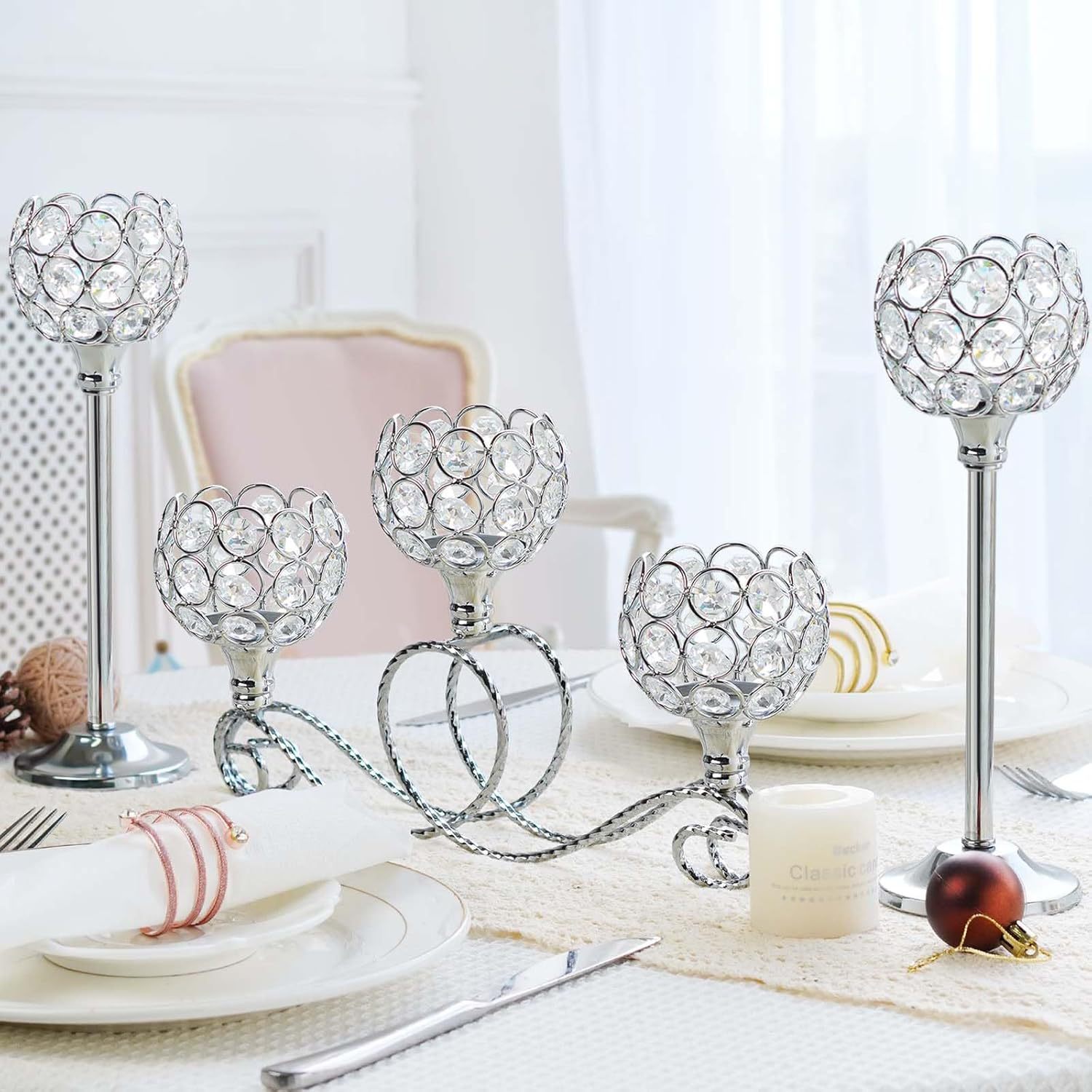 Amazon Metal chapado 3 cabezas 5 brazos combinación de té de cristal candelabro elegante mesa de boda centro decorativo candelabro