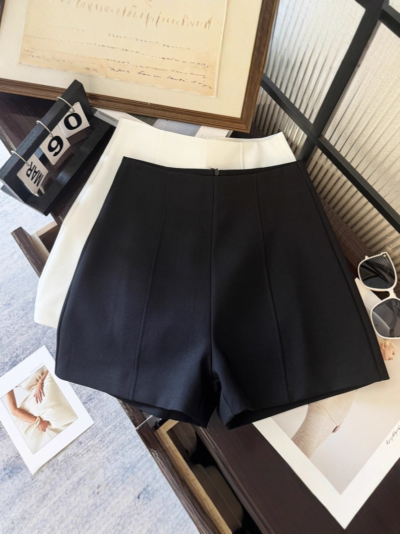 Quần short âu phục nữ cạp cao ống đứng dáng chữ A tối giản — Màu đen
