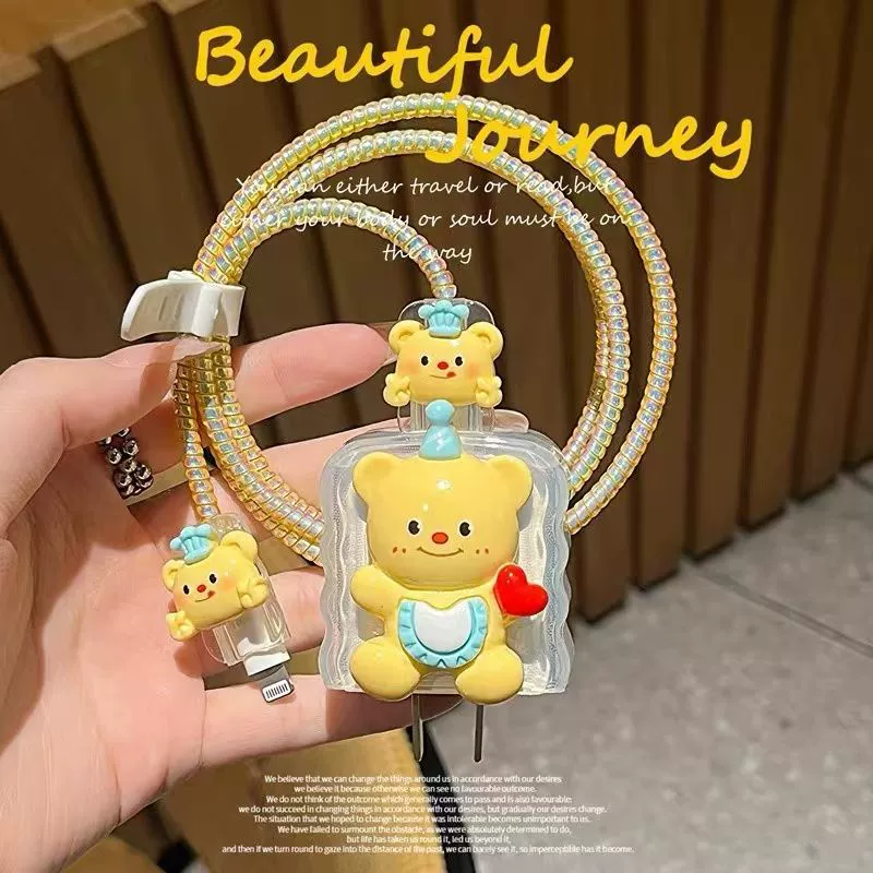 Применимо для зарядного устройства Apple зарядная головка защитный чехол 20 Вт кабель для передачи данных прикус провода стерео мультфильм медведь анти-сломанный