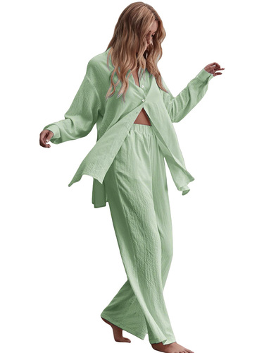Ins-style independent store 2-piece oversized cotton-linen shirt set with high-waist wide-leg