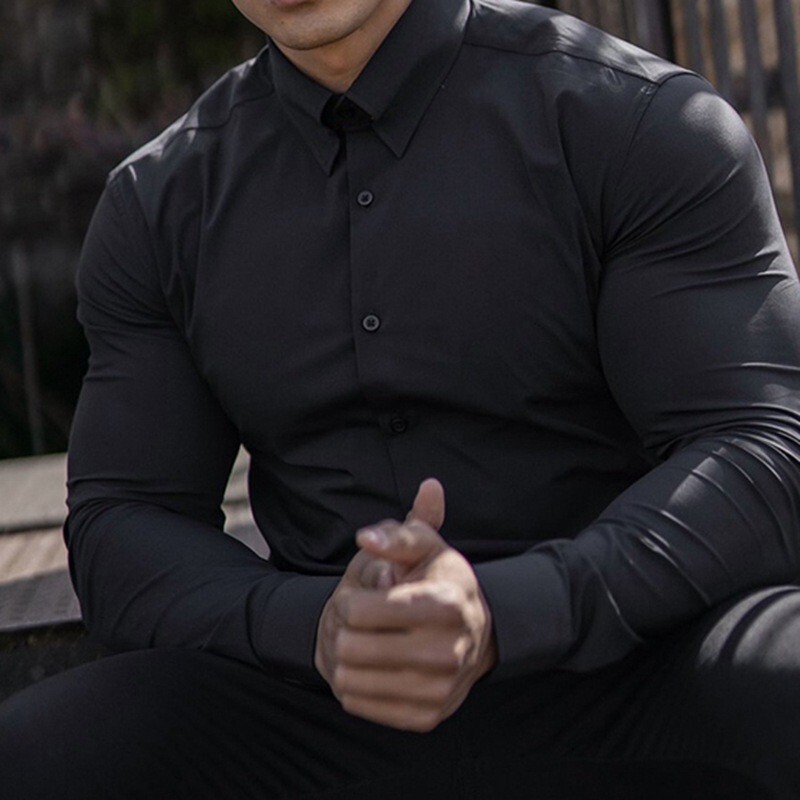 Cross-Border Men's Sports Fitness Business Casual Shirt No-Iron Spring and Autumn Anti-Wrinkle Men's Long-Sleeved Shirt Amazon Flip