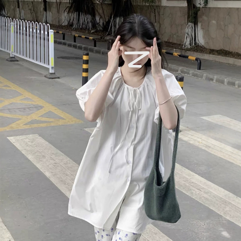 Loose Round-Neck Tie-Up Shirt, Summer Fresh Style, Polka Dot Puff Sleeves, Loose Shirt, Casual Mid-Length Babydoll Shirt