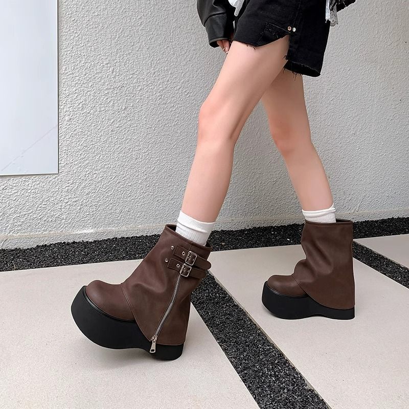 甘くてクールなホットガールスタイルのオートバイパンツブーツウェッジヒールプラットフォームマーティンブーツ厚底ショートブーツ女性のための 2025 秋の新スタイル|undefined