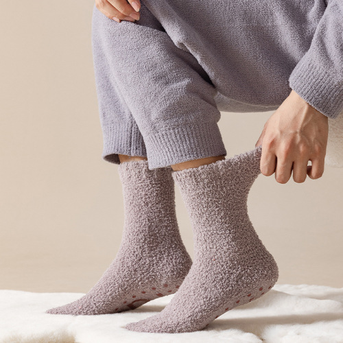 65g thickened warm mid-calf socks anti-slip home sleep socks for women autumn and winter solid color coral velvet floor socks