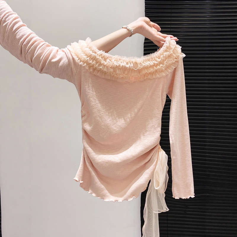 French Sweet Pink Lace One-Line Collar Long-Sleeved T-Shirt for Women 2025 Early Autumn New Waist Slimming Look Short Top