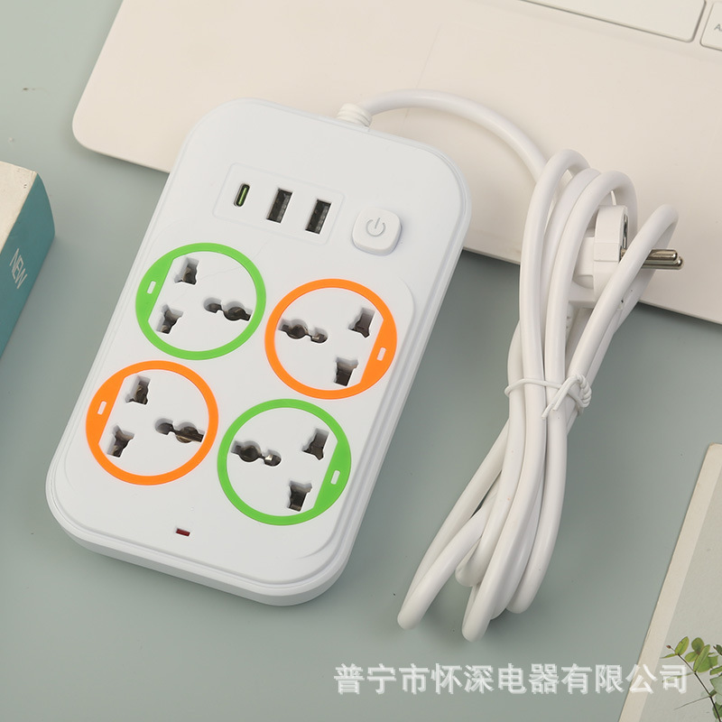 2USB+1PD外贸插座中性袋子包装炫彩圈圈插排黑白可选欧标英标美标