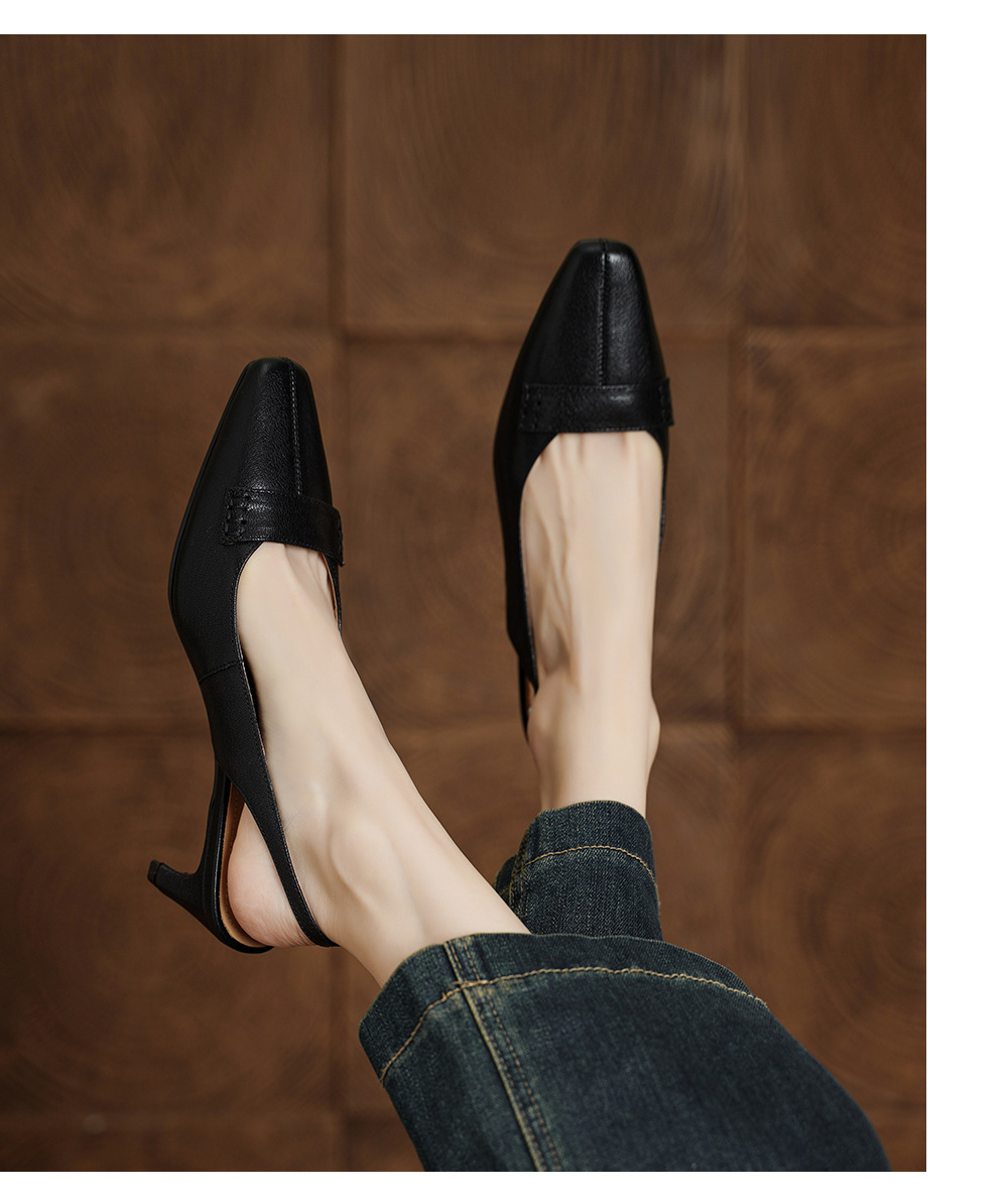 Sandal nữ da dê gót vuông 4.5 cm mũi kín hở gót phong cách Hàn Quốc — đen chi tiết 11