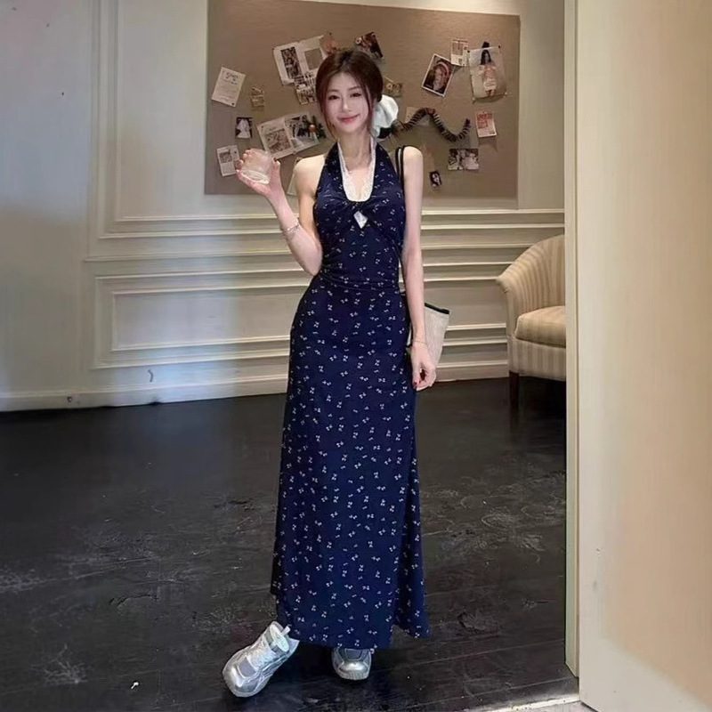 French Style Halter Floral Skirt Dress for Women in Summer, Beautiful Lace Splicing Waist A-Line Skirt Long Skirt at the Seaside