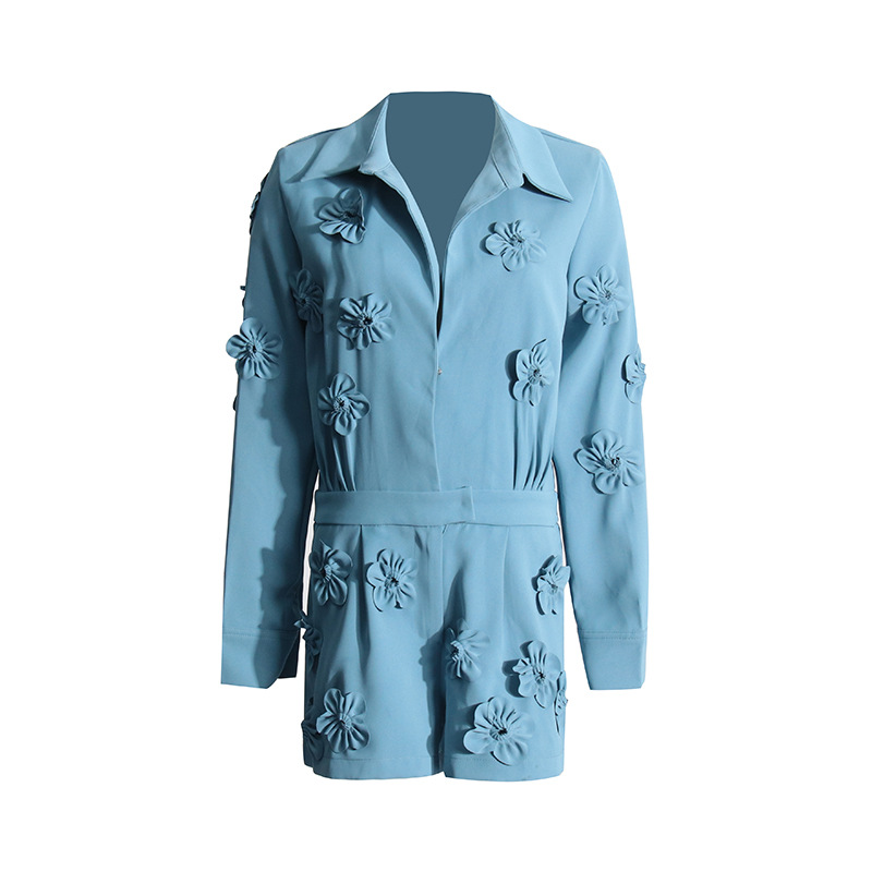 2024 primavera nueva moda elegante diseño de flores tridimensionales cintura apretada adelgazamiento mono pantalones cortos transfronterizos europeos y americanos