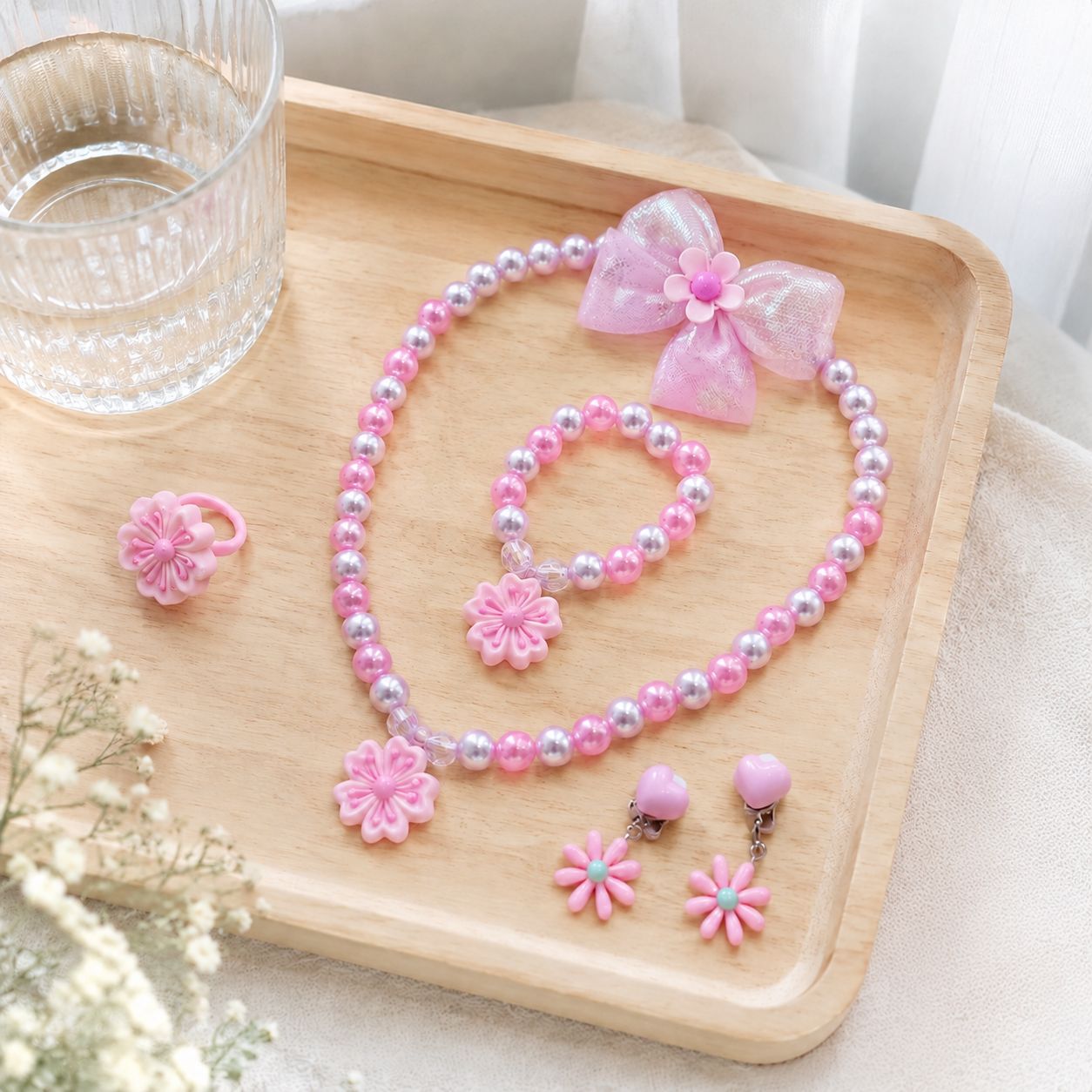 Children's Necklace and Bracelet Set, Sweet Flower Accessories, Girls' Princess Style Hair Clips, Ear Clips, Ring Combination Jewelry