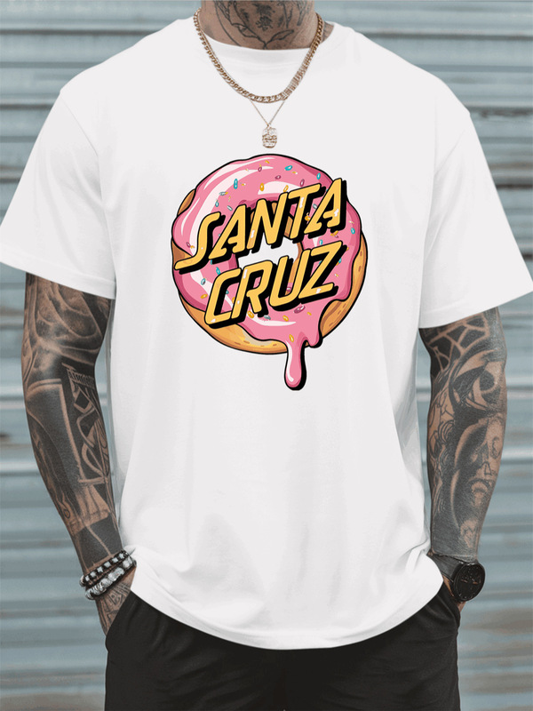 Santa Cruz Donuts Printed Cotton T-Shirt Men's Summer Casual Short Sleeve T-Shirt, Round Neck, Digital