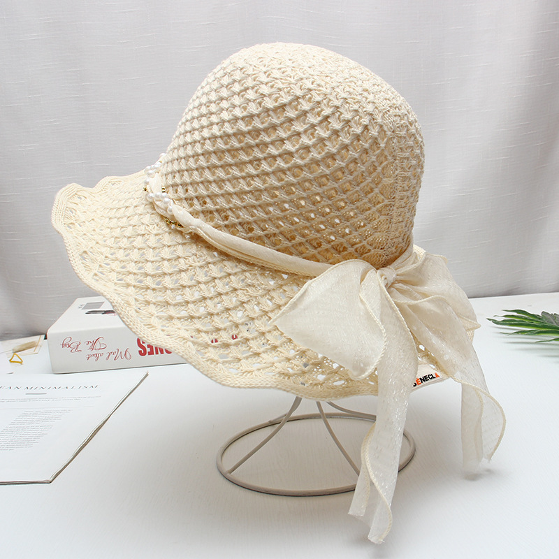 Summer knitted fashionable universal beach sun hat with bow…