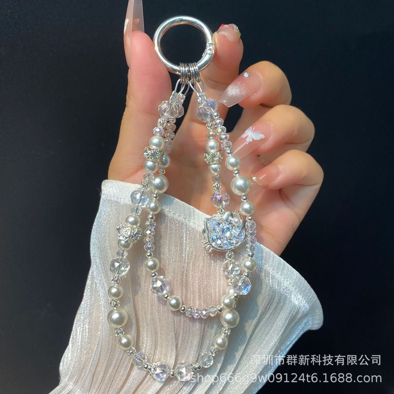 高級ラインストーン KT 猫ダブルチェーン携帯電話ペンダント女性のクリスタル合金チェーンビーズキーバッグバッグペンダントチェーン|undefined