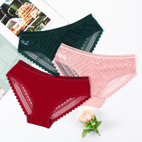 Foreign trade Japanese and Korean ice silk striped seamless large size mid-low waist women's briefs sexy lace transparent underwear