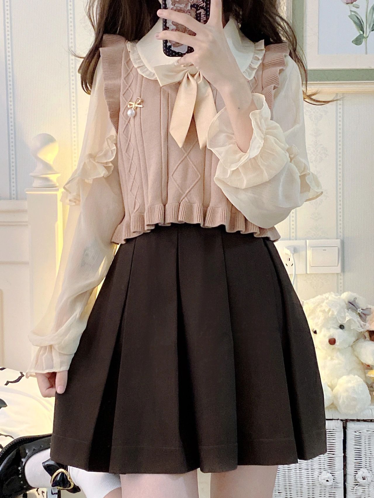 奶乖甜美女装针织马甲粉色毛衣背心衬衫显瘦短裙子春装搭配小个子