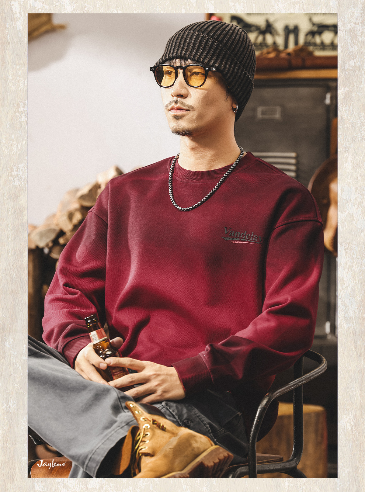 Schweres Sweatshirt Herren Retro Dirty Dyed Oversize Crew Neck_voghion.com