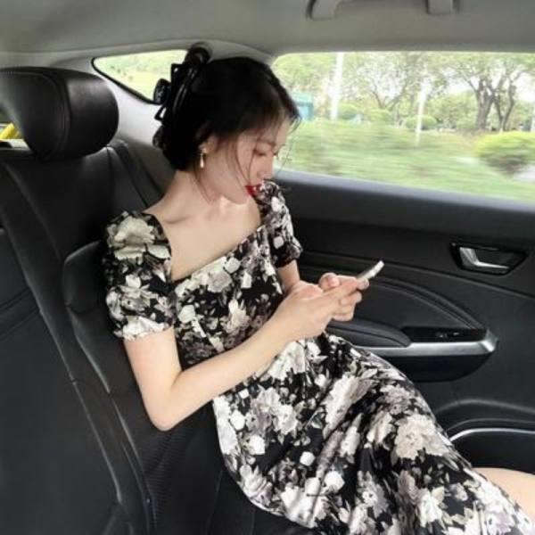 Improved Cheongsam Floral Dress Fashionable Summer Korean Style Short-Sleeved Square Collar Slim Side Slit Over-The-Knee Long Skirt for Women