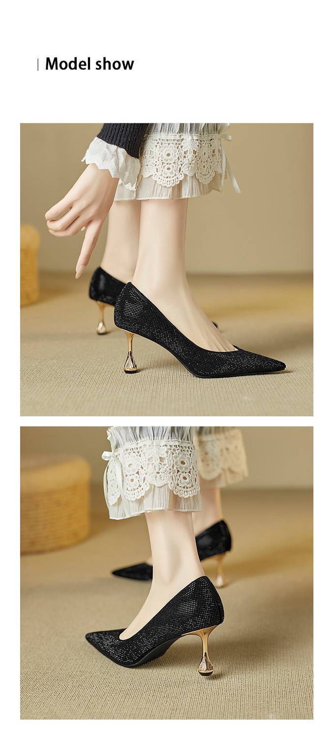 Giày cao gót nữ mũi nhọn gót 9 cm pha lê lấp lánh màu sâm panh — Màu đen chi tiết 6