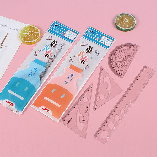 Creative Four-Piece Ruler Set Student Set Cartoon Ruler Transparent Meter Ruler Multi-Function Ruler Stationery Wholesale