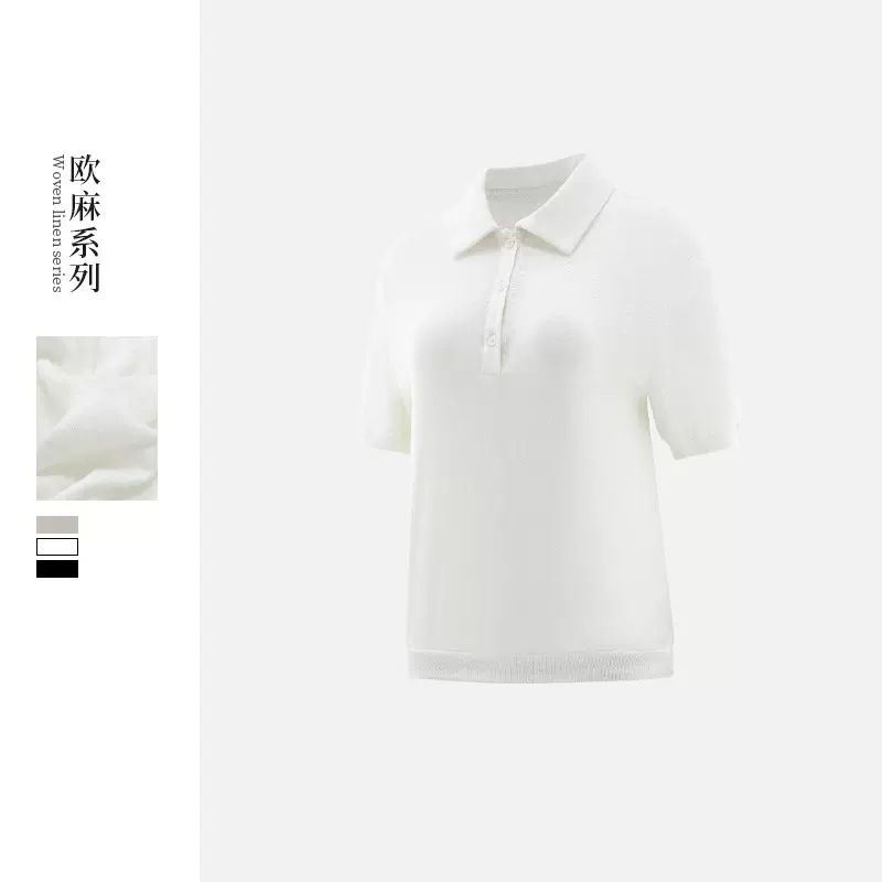 女士短袖T恤亚麻夏季新款宽松休闲纯色小翻领系扣短袖T恤