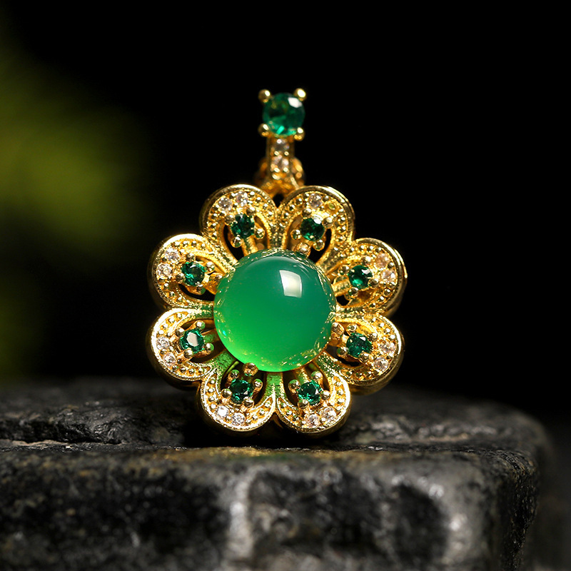 智贝详情图_12玉髓吊坠玉髓镶嵌观音佛吊坠古法金镶嵌款925