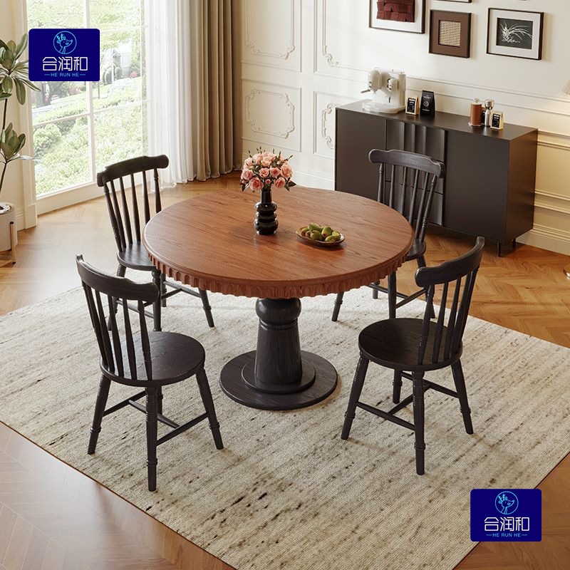 All Solid Wood Ash Wood Home Mid-Century Style Dining Table Round Table Black American French Retro Style 1.2m Coffee Shop Tables and Chairs