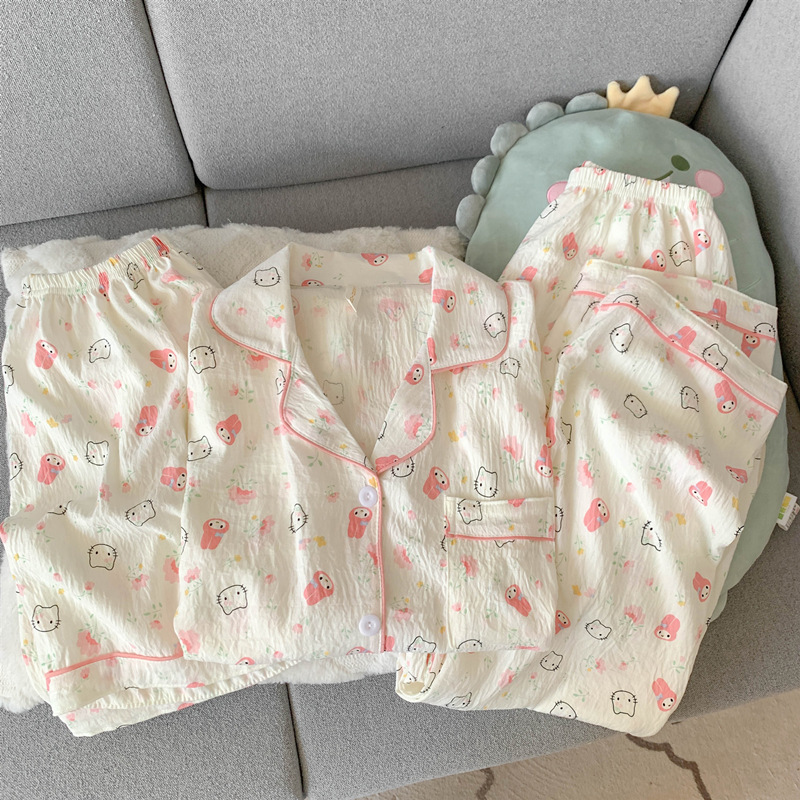 Pijamas de amor dulce de color, pantalones de manga corta de hilo de algodón de nube de verano para mujer, cárdigan de tres piezas, servicio a domicilio