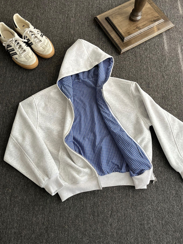 灰色美式开衫连帽卫衣男秋季cleanfit高级感miu系格纹双面穿外套|undefined