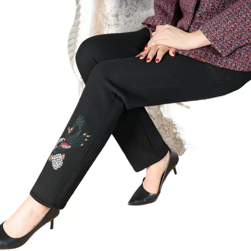 Мама зимние утолщенные повседневные брюки на флисовой подкладке среднего и пожилого возраста бабушка свободные прямые брюки с завышенной талией на резинке с вышивкой