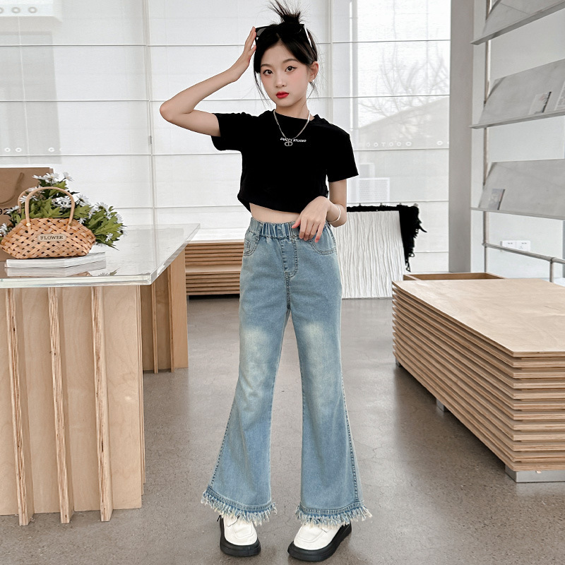 Girls' big children's pants summer style 2024 new Korean version slim fashionable thin flared pants casual versatile jeans trend