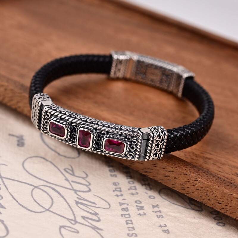 【Square Diamond Leather Bracelet】S925 Sterling Silver Personalized Wrist Accessory for Men, Punk Style Trendy Vine Pattern Leather Bracelet