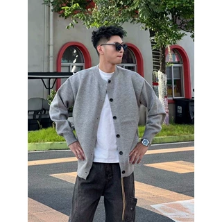 浅灰色慵懒风开衫毛衣男秋季高级感单排扣针织衫宽松休闲短款外套