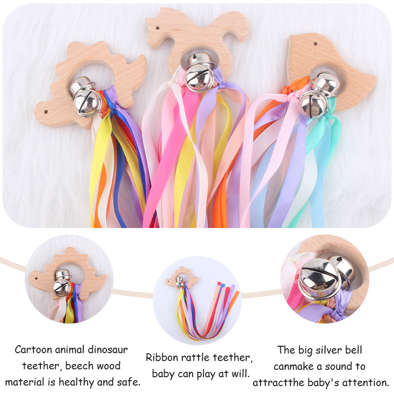 Suministros para bebés de dibujos animados animal anillo de madera mordedor bebé creativo sacudiendo Bell cinta calmante sonajero juguete