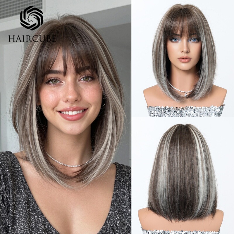 Full Head Wig for Women, Synthetic Fiber Hair, Bob Cut with Highlights, Breathable for Summer, Straight Bangs, One-Length Cut, Collarbone-Length Short Hair Full Head Wig for Women, Synthetic Fiber Hair, Bob Cut with Highlights, Breathable for Summer, Straight Bangs, One-Length Cut, Collarbone-Length Short Hair