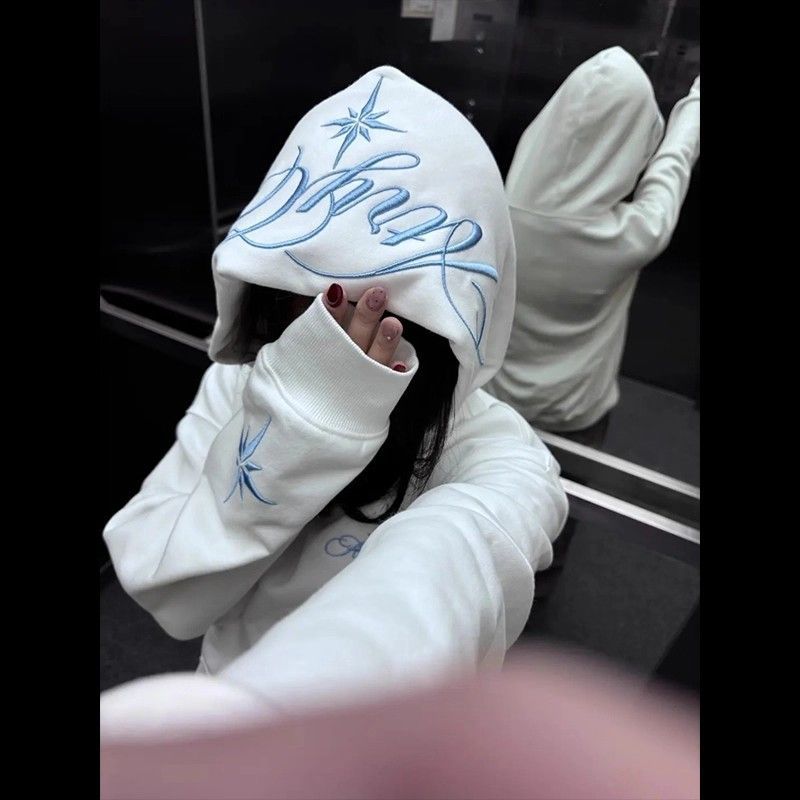白灰色刺绣连帽卫衣潮流男高街潮牌宽松小众设计感长袖上衣情侣装