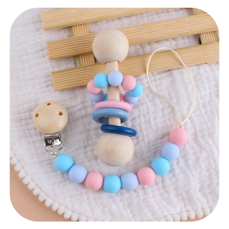 Creativo nuevo juguete de madera los niños mordedor bebé ejercicio interactivo agarre sonajero chupete silicona cadena traje