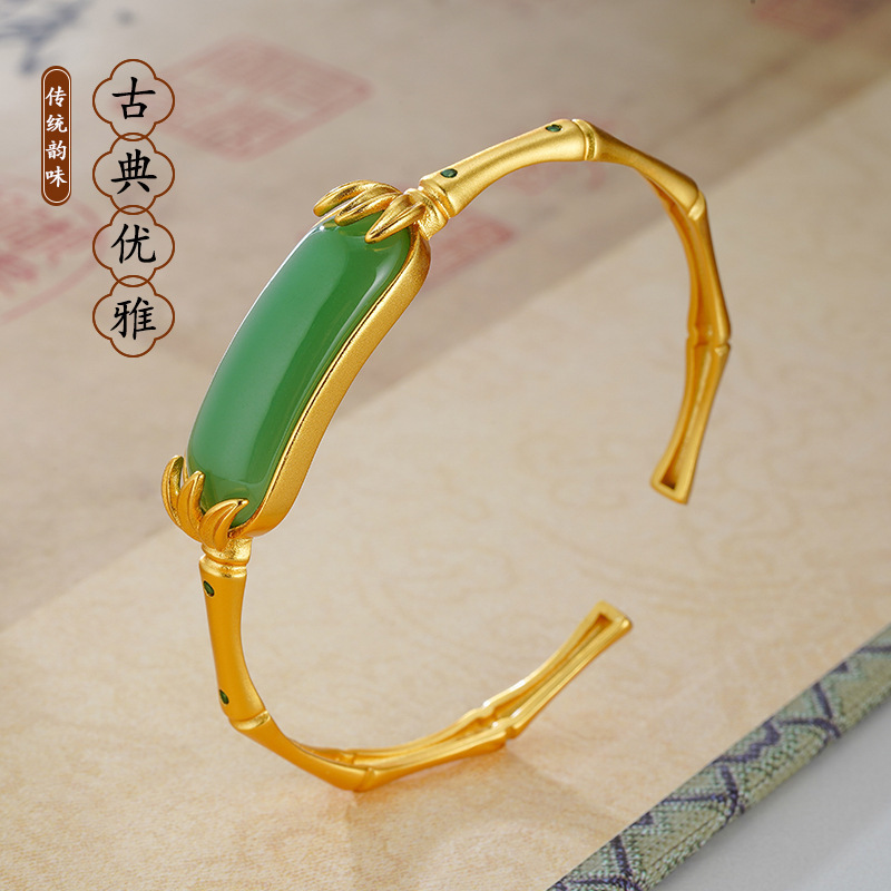 Light Luxury Palace Style Green Jade Bamboo Bracelet for Women Vintage Ancient Heritage Bracelet Niche Design Hand Jewelry