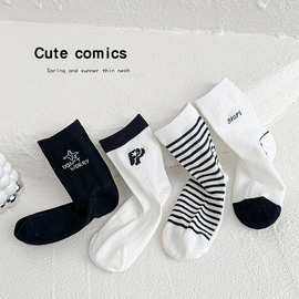 可吉黑白色条纹字母童袜春夏季儿童袜子网眼透气男童女童中筒袜20