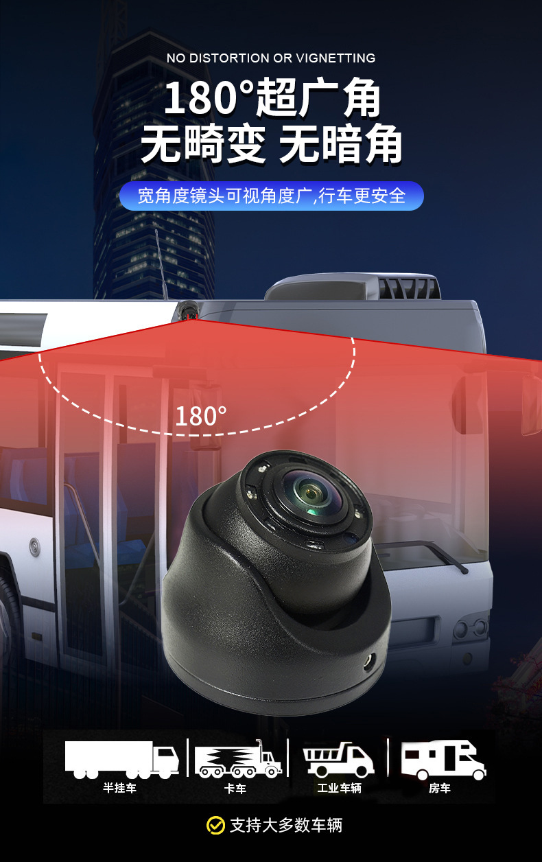 Vehicle-mounted infrared waterproof hemispherical camera 180 ° Ultra wide angle IP69K waterproof camera metal material 12V