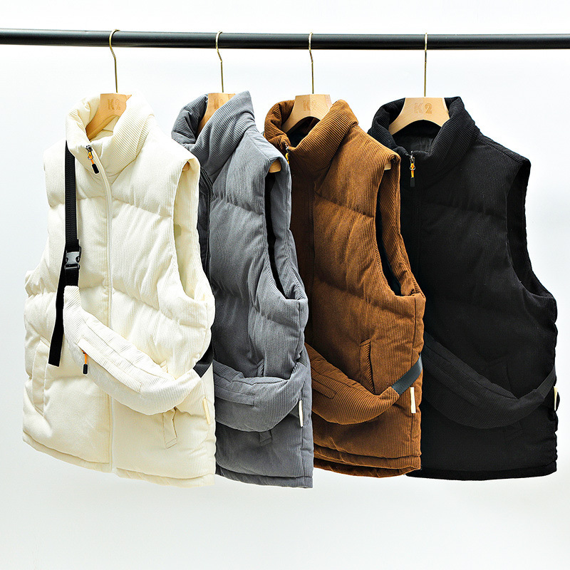 Chaleco de algodón de pana para hombres y mujeres mismo otoño e invierno de moda retro engrosado collar de pie exterior chaqueta acolchada de algodón con bolsa de hombro libre