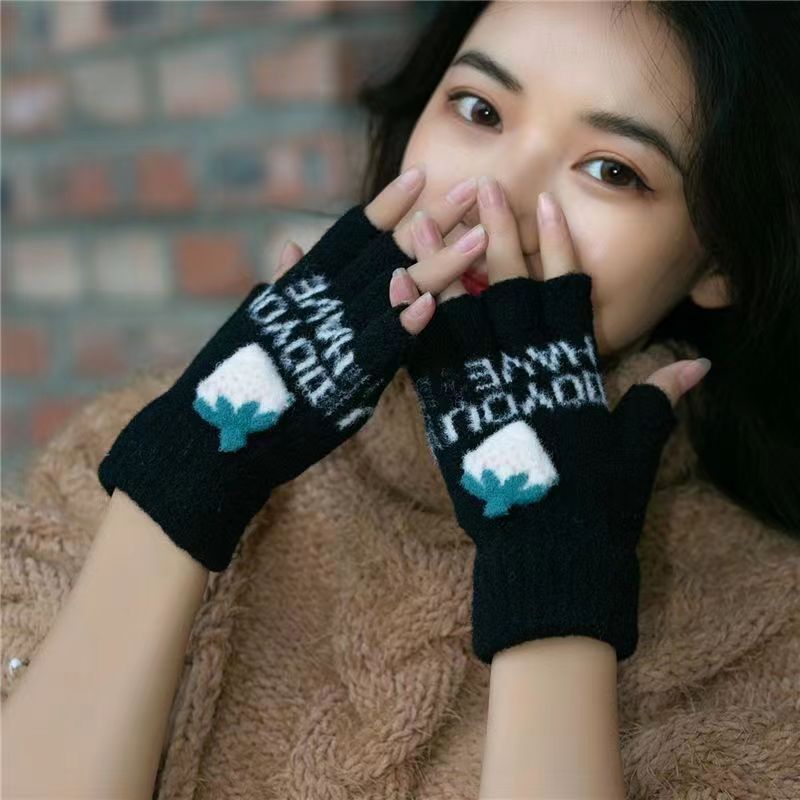 Invierno de las mujeres cálido forrado de lana engrosada estudiante escritura de moda montar lindo punto medio dedo flip guantes de dibujos animados