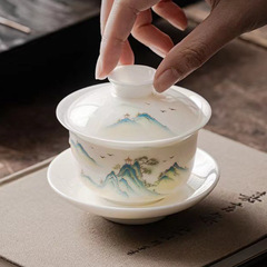 徳化白磁千里江山蓋碗茶杯陶磁器工夫茶器三才蓋碗羊脂玉蓋杯茶碗