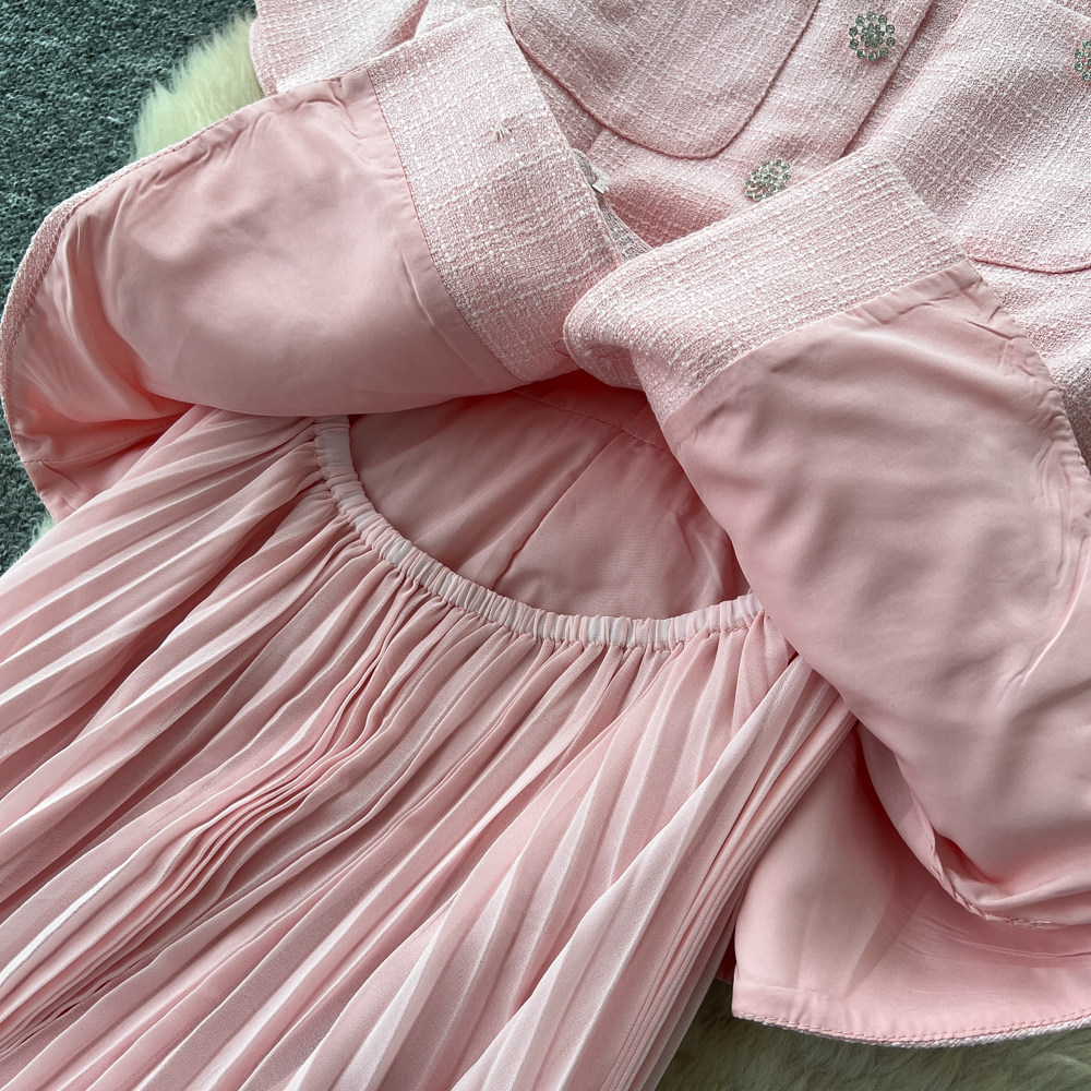 Inspired Pink A-Line Dress Short Sleeved High Waisted Fitted Long Skirt Luxurious Feel Women's Clothing_ecoleips.com