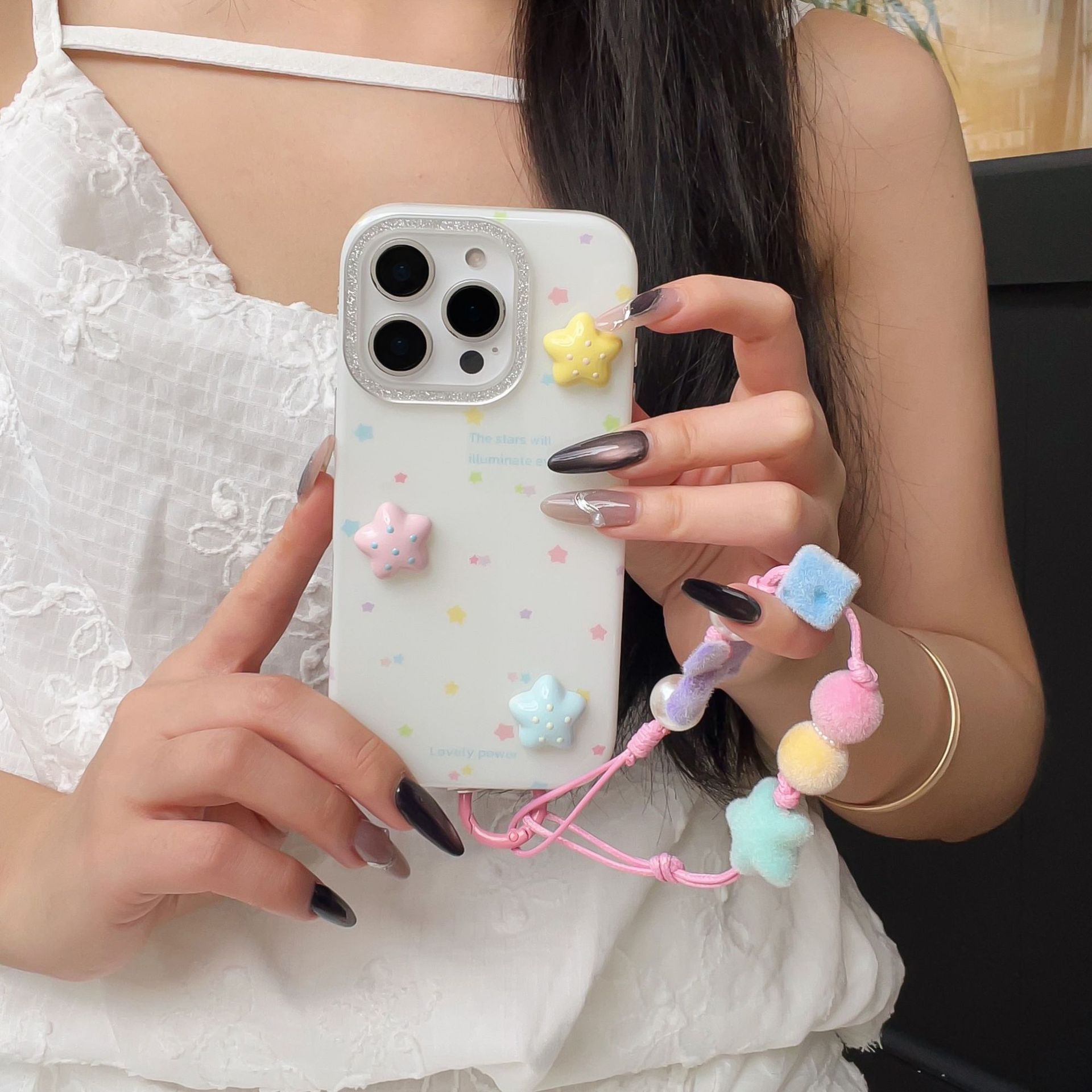 Estrellas tridimensionales de color coreanas para Apple 16ProMax funda para teléfono móvil 15Pro/14Pro cadena 13 nuevo 16P