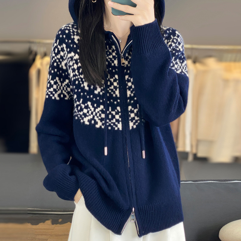 连帽拉链纯羊毛针织开衫女2025新款秋冬费尔岛女装毛衣外套上衣|undefined