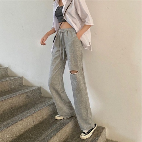 Summer new style ripped sports casual pants summer high waist drapey wide leg pants loose straight leg floor mopping trousers women versatile