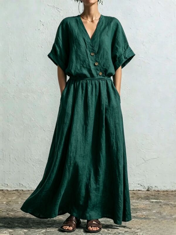 2026 New Retro Green Cotton Linen Dress for Women, V-Neck, Fitted Waist, A-Line Long Dress, Loose Casual Floor-Length Dress