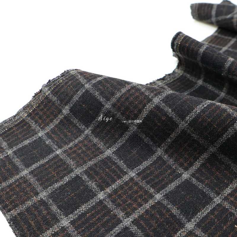 Retro Neutral Black Gray Thin Draped 90% Wool Plaid Wool Wool Fabric Suit Skirt Fabric