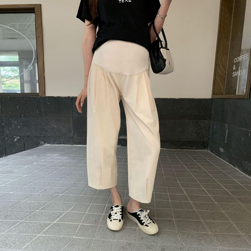 Pregnant Women's Casual Wide Leg Pants creamy-white Pants Pregnant Women's Summer Thin Cropped Pants Loose Tooling Carrot Pants Soft