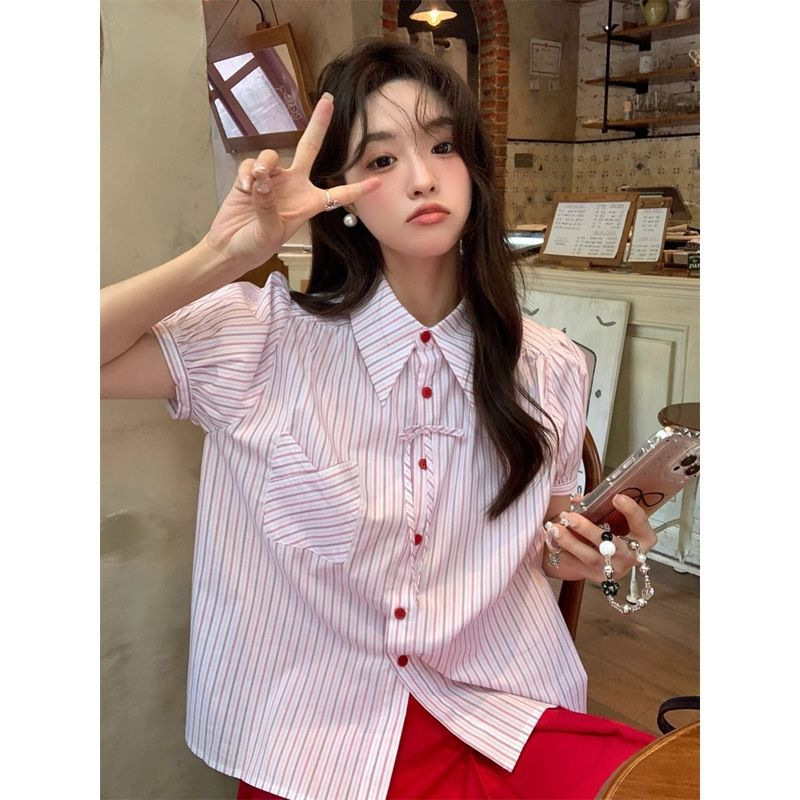 Korean College Style Suit Striped Short-Sleeved Shirt Top Women's Summer High-Waisted Red Skirt Short Skirt Two-Piece Set